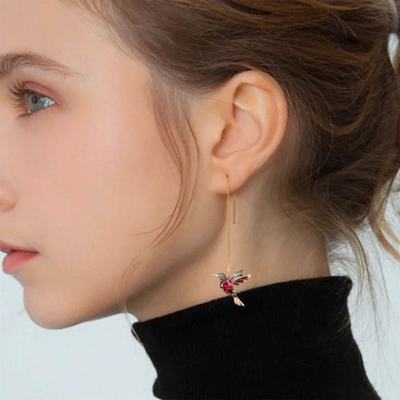 New Gold-Tone & Dark Red/Green Crystal Hummingbird Threaders w/Gold-Tone Chain - Picture 7 of 11